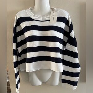 Moon and Madison Navy White Stripes Oversized Cropped Nautical Sweater Size L